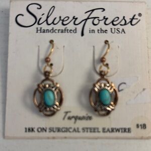 Turquoise Gold Tone Earrings Handmade USA Silver Forest Brand New Retail $18
